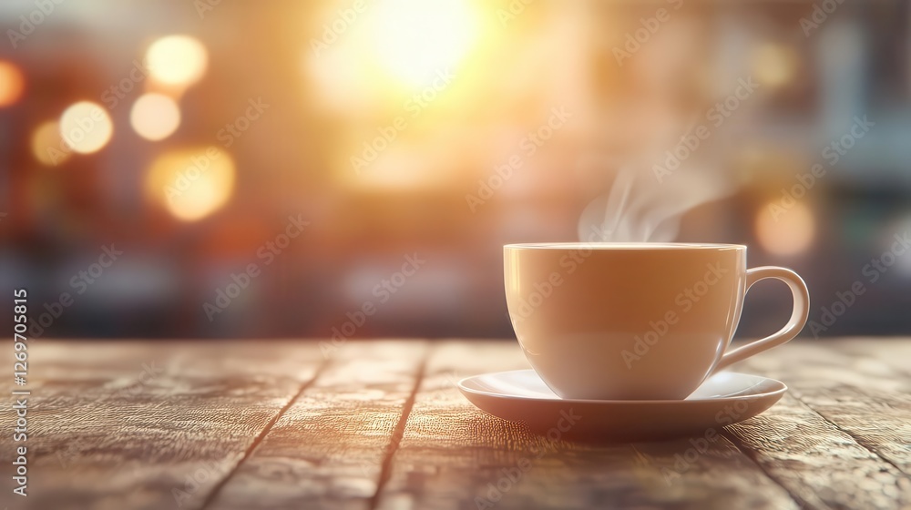 Rustic Wooden Table Setup Featuring a Steaming Cup of Coffee for Web Banner Design Rustic Wooden Table Setup Featuring a Steaming Cup of Coffee for Web Banner Design