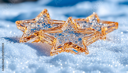 Golden stars in snow, festive decorations, winter scene, outdoor display photo