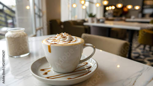 Wallpaper Mural Photorealistic caramel macchiato in a sleek ceramic cup with frothy top and caramel swirl design, on a café table with modern minimalist background and soft warm lighting for an elegant ambiance Torontodigital.ca