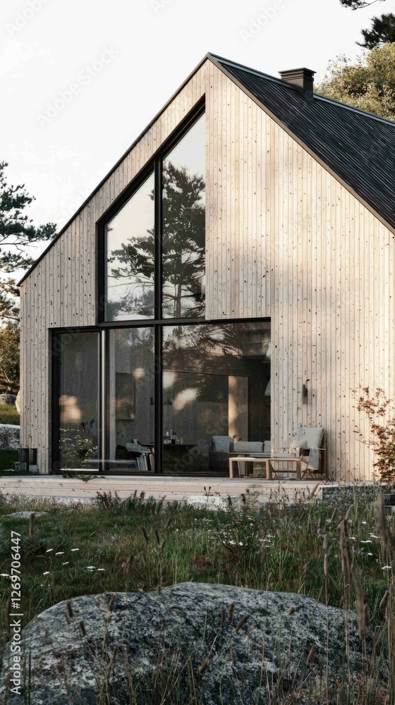 Modern Scandinavian Home Exterior with Light Wood and Glass Facade Modern Scandinavian Home Exterior with Light Wood and Glass Facade