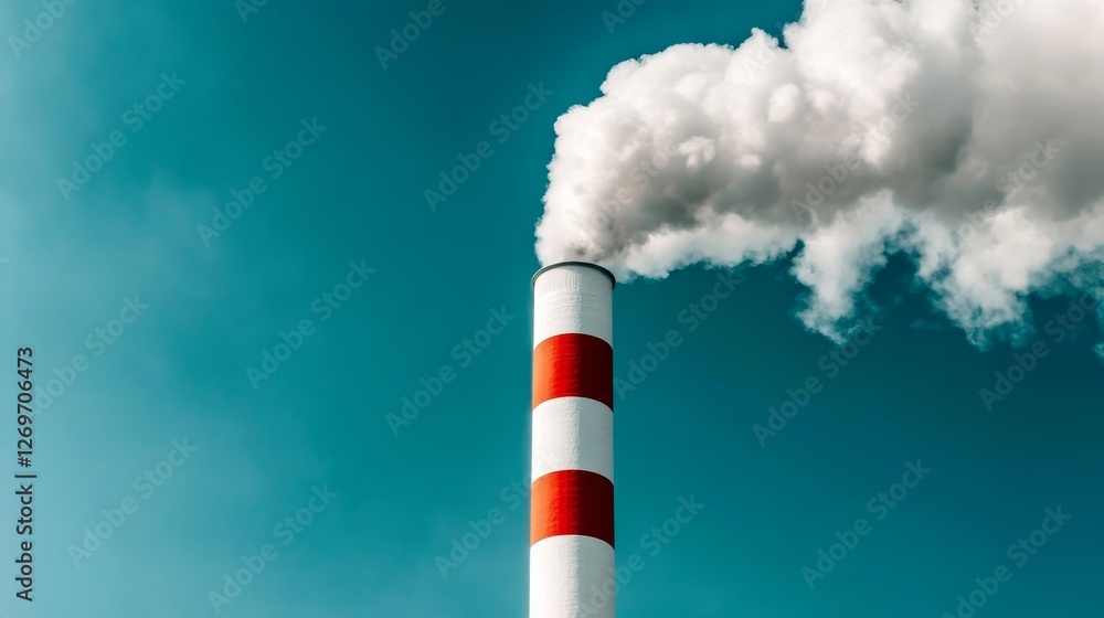 Industrial chimney emitting thick white smoke into a blue sky Industrial chimney emitting thick white smoke into a blue sky