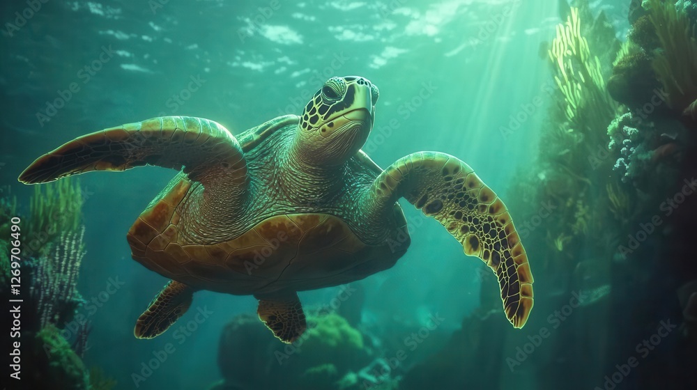 Obraz premium Sea Turtle Swimming Gracefully in Crystal Clear Ocean Waters for Environmental Awareness Campaigns
