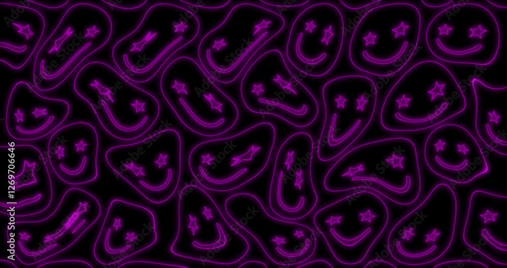 Background Loop with Happy Pink Twisted Emoticons on Black. Simple Y2K Style Abstract Neon Doodle Animation with Smiling Faces Of Star-Sheped Eyes. Groovy Background Loop With Trippy Emoticons. Background Loop with Happy Pink Twisted Emoticons on Black. Simple Y2K Style Abstract Neon Doodle Animation with Smiling Faces Of Star-Sheped Eyes. Groovy Background Loop With Trippy Emoticons.