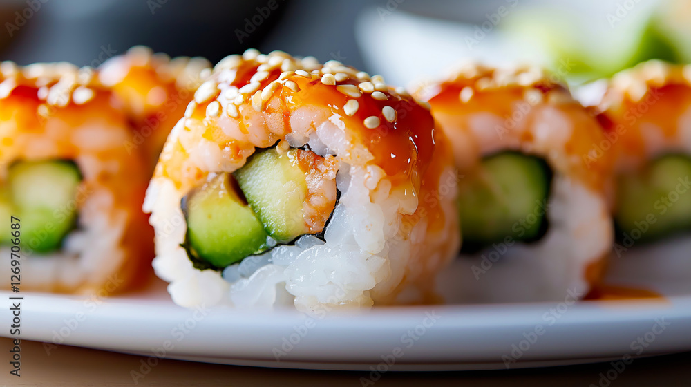 Close-up of delicious tempura shrimp futomaki sushi rolls, featuring sesame seeds, a rich sauce, and fresh ingredients, served on a plate Close-up of delicious tempura shrimp futomaki sushi rolls, featuring sesame seeds, a rich sauce, and fresh ingredients, served on a plate