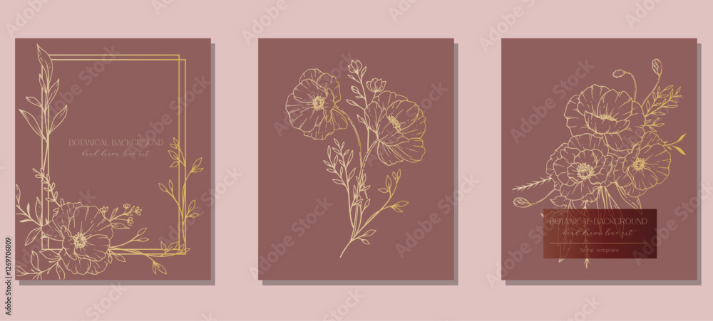 Naklejka premium Poppy Flowers Outline. Line Art Poppy. Botanical Background with trendy minimalist poppy flowers and wildflowers. Luxury Floral Line Art Illustration.