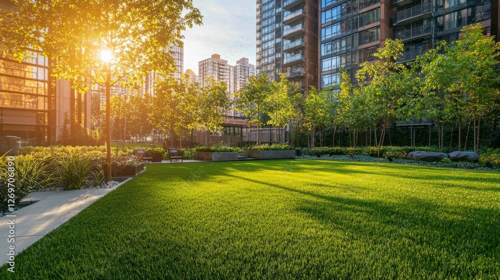 Modern Urban Backyard with Lush Greenery and Vibrant Sunlight Modern Urban Backyard with Lush Greenery and Vibrant Sunlight