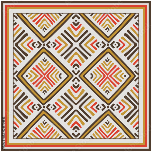 Wallpaper Mural Geometric square shape scarf print pattern featuring diamond shapes and bold lines in warm colors: orange, brown, and gold, framed with contrasting border. Torontodigital.ca