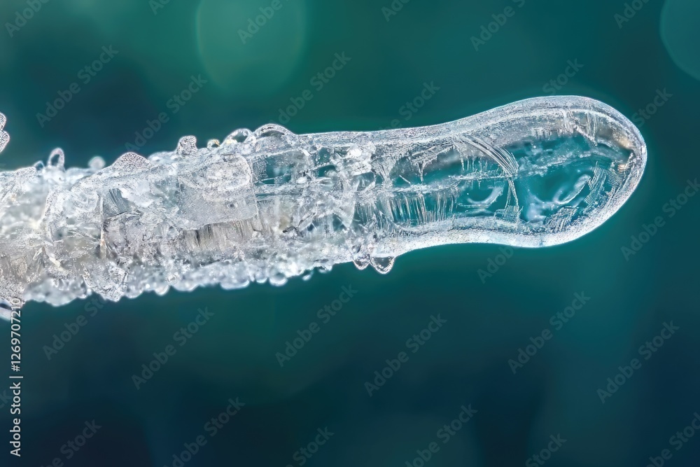 Close-up of a unique ice formation, showcasing intricate crystalline structures and textures against a teal backdrop. Close-up of a unique ice formation, showcasing intricate crystalline structures and textures against a teal backdrop.