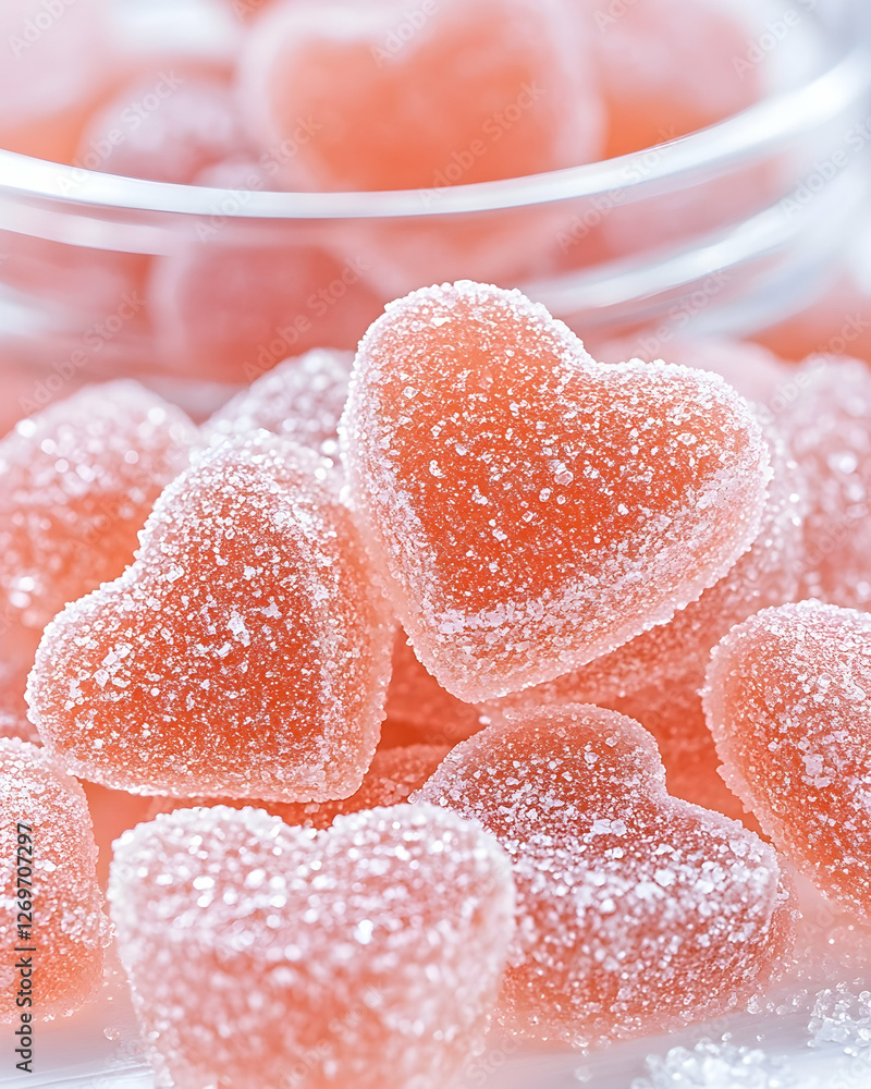 Heart-shaped gummy candies in a glass container. Close-up shot. Possible use Food blog, social media post, or packaging design Heart-shaped gummy candies in a glass container. Close-up shot. Possible use Food blog, social media post, or packaging design