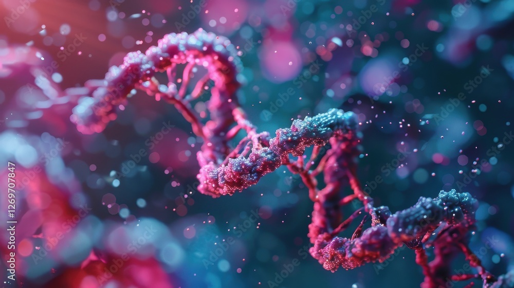 Stunning Abstract Representation of DNA Strand with Vibrant Colors and Bokeh Effect in a Scientific Background Stunning Abstract Representation of DNA Strand with Vibrant Colors and Bokeh Effect in a Scientific Background