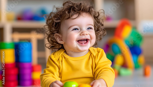 Joyful baby playing with colorful toys in a daycare