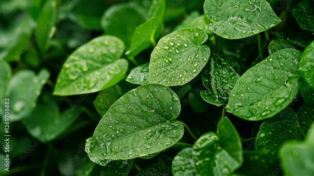 Close-Up View of Sprouting Bean Plants with Dew Drops on Leaves Close-Up View of Sprouting Bean Plants with Dew Drops on Leaves