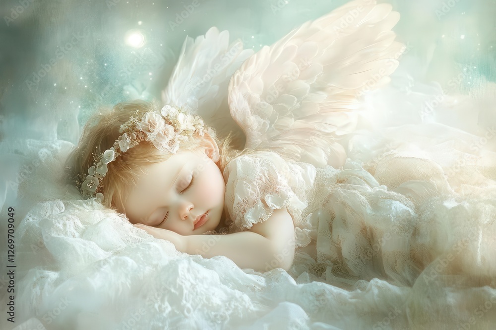 Sleeping Baby Angel with Soft Pastel Wings and Gentle Glow, Whimsical Illustration for Nursery Decor Sleeping Baby Angel with Soft Pastel Wings and Gentle Glow, Whimsical Illustration for Nursery Decor