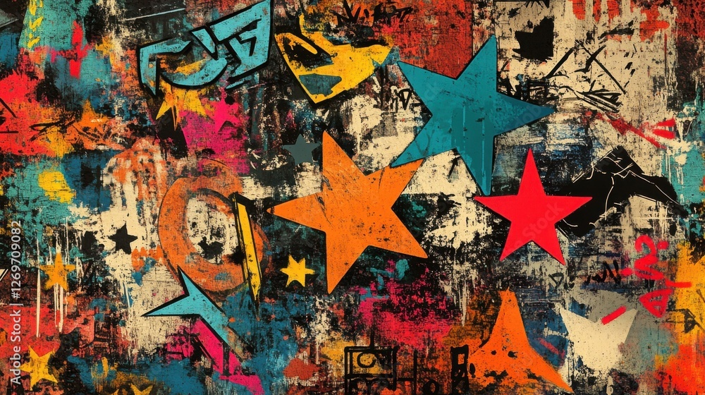 Fototapeta premium Dynamic Street Art Display, Urban Environment, Graffiti Artwork, Colorful Background, Creative Expression