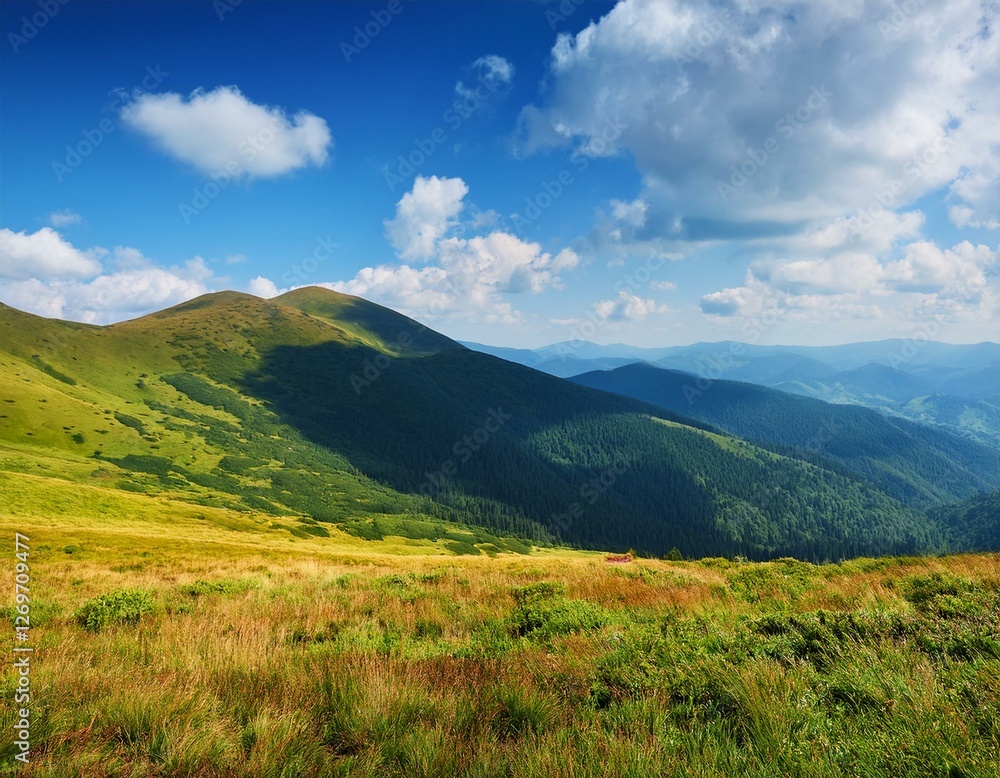 scenery of borzhava ridge in summer open vista alpine landscape of carpathian mountain range on a sunny day grassy meadows and rolling hills travel ukraine clouds on the blue sky scenery of borzhava ridge in summer open vista alpine landscape of carpathian mountain range on a sunny day grassy meadows and rolling hills travel ukraine clouds on the blue sky
