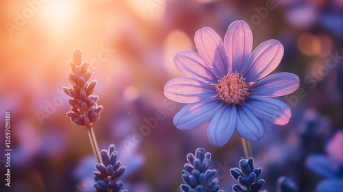 Delicate purple daisy flower with lavender sprigs in soft sunset light, perfect for natural beauty and floral photography concept