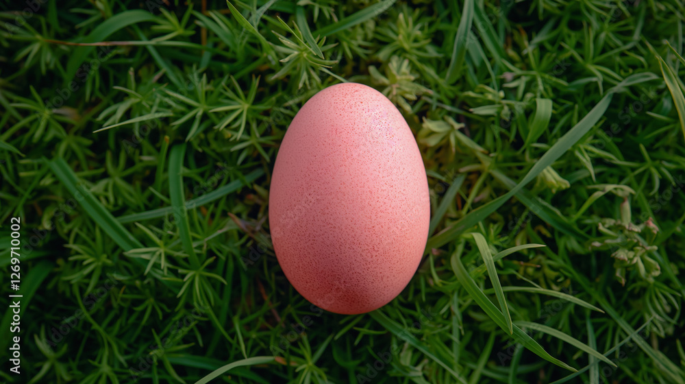 Fresh pink egg resting on green grass in a peaceful outdoor setting during daylight. Fresh pink egg resting on green grass in a peaceful outdoor setting during daylight.