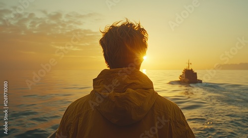 Man watches sunrise over water, ship in distance photo