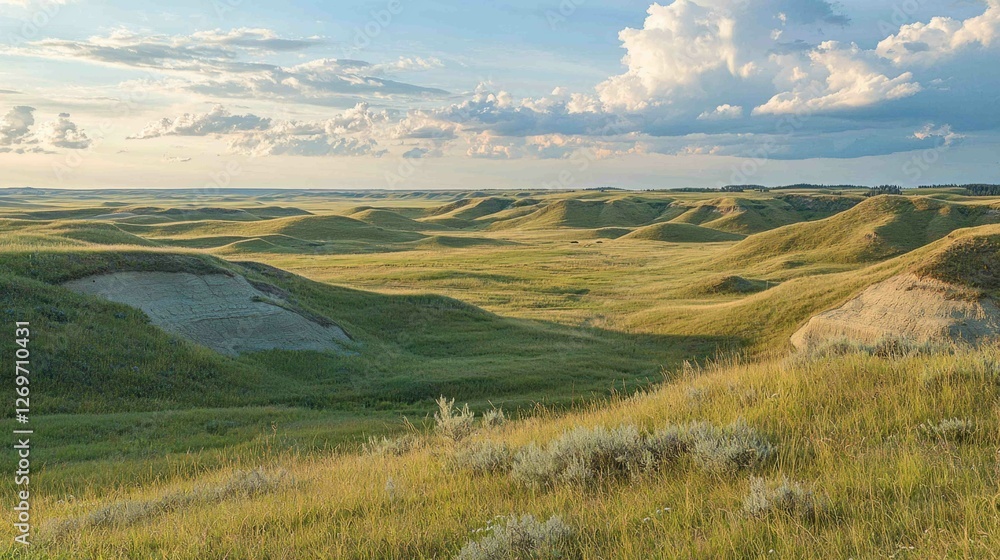 Fototapeta premium Expansive Panoramic View of Rolling Landscape with Undulating Hills