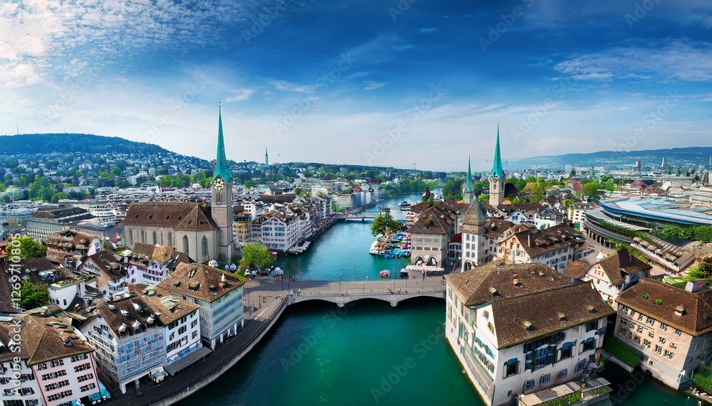 Fototapeta premium aerial view of zurich city center with river limmat switzerland