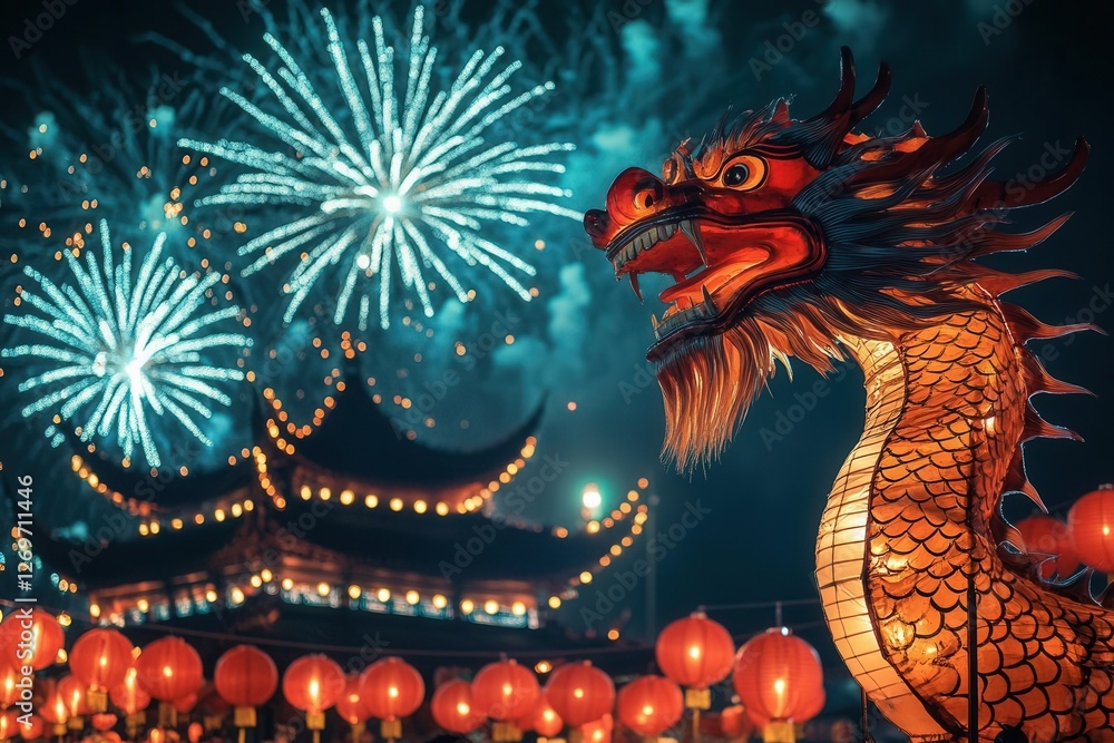 Fototapeta premium Statue of a Dragon Surrounded by Chinese Lanterns Celebrating the Year of the Dragon