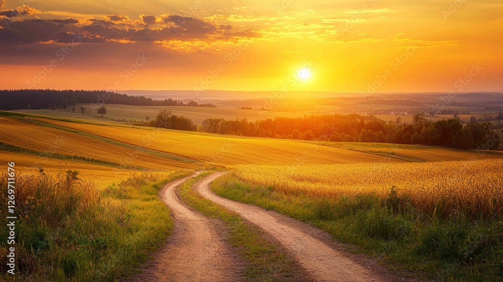 Serene Rural Landscape with Meandering Dirt Path at Sunset Serene Rural Landscape with Meandering Dirt Path at Sunset