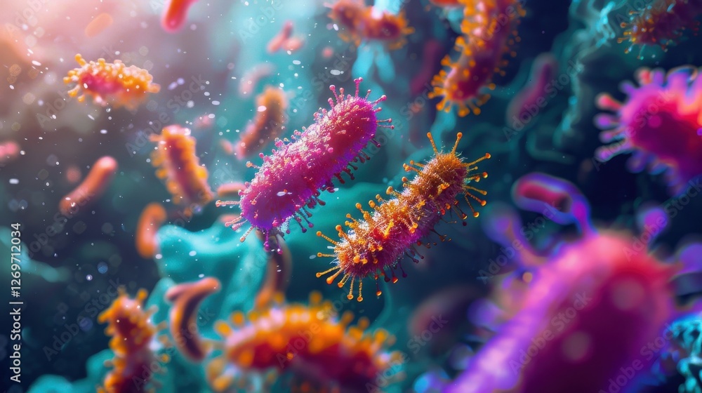 Fototapeta premium Colorful Microorganisms in Underwater Scene with Light Effects and Vibrant Colors Representing the World of Science