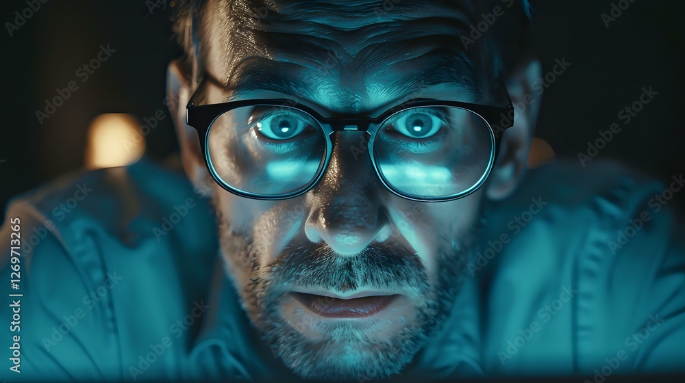 Caucasian male programmer with glasses illuminated by blue computer screen light at night, dramatic portrait showing focused concentration and digital lifestyle. Caucasian male programmer with glasses illuminated by blue computer screen light at night, dramatic portrait showing focused concentration and digital lifestyle.
