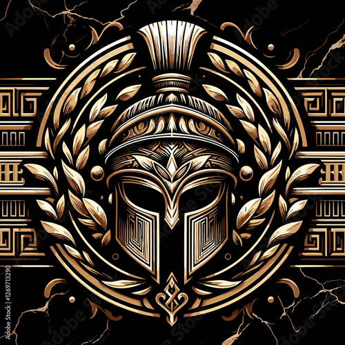 An intricate golden Spartan helmet adorned with a laurel wreath, set against a black background with classical Greek patterns and ornate detailing.