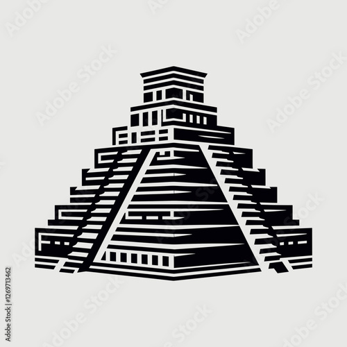 A black and white stylized vector illustration of an ancient Mesoamerican step pyramid, resembling the temples of the Aztec or Mayan civilizations.