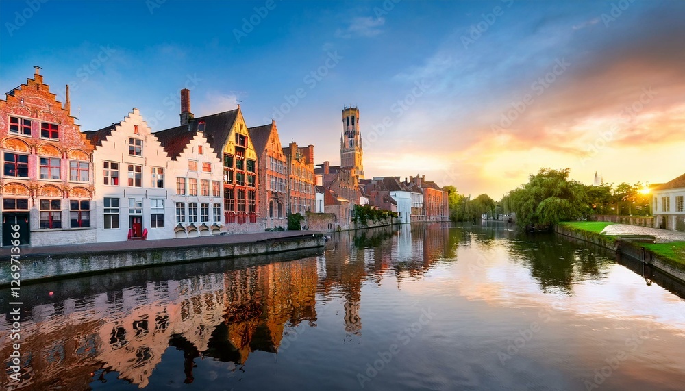 Obraz premium spiegelrei canal at sunrise brugge flanders belgium