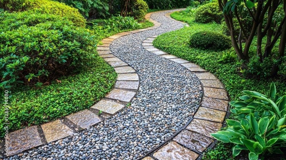 Winding Gravel Pathway Through a Lush Green Garden Landscape Winding Gravel Pathway Through a Lush Green Garden Landscape