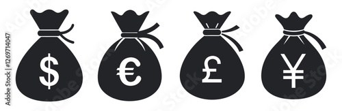 Currency Symbols on Money Bags: Dollar, Euro, Pound, Yen