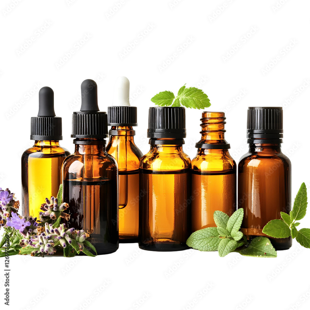 Collection of Amber Essential Oil Bottles with Fresh Herbs and Flowers Collection of Amber Essential Oil Bottles with Fresh Herbs and Flowers