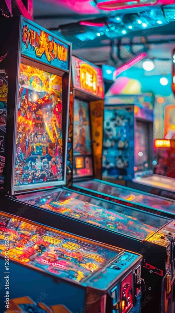 Fototapeta premium Colorful vintage arcade machines in a retro gaming setting