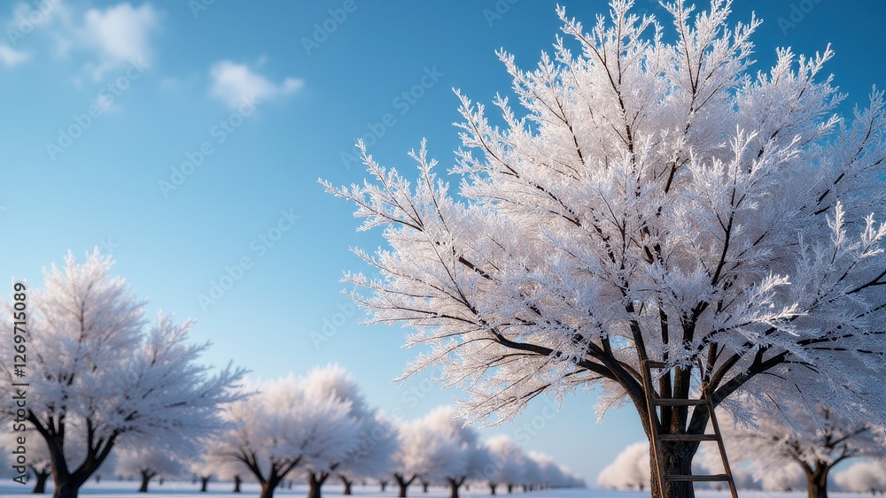 Winter tree pruning, Frosty orchard blue sky pruning ladder against tree photorealistic. Winter tree pruning, Frosty orchard blue sky pruning ladder against tree photorealistic.