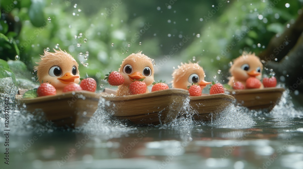 Cute ducklings in boats carrying strawberries, splashing in a serene water setting. Cute ducklings in boats carrying strawberries, splashing in a serene water setting.