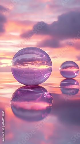 Crystal spheres reflecting dramatic purple and pink sunset sky over calm water surface, creating ethereal mirror effect with glowing reflections and soft clouds. photo