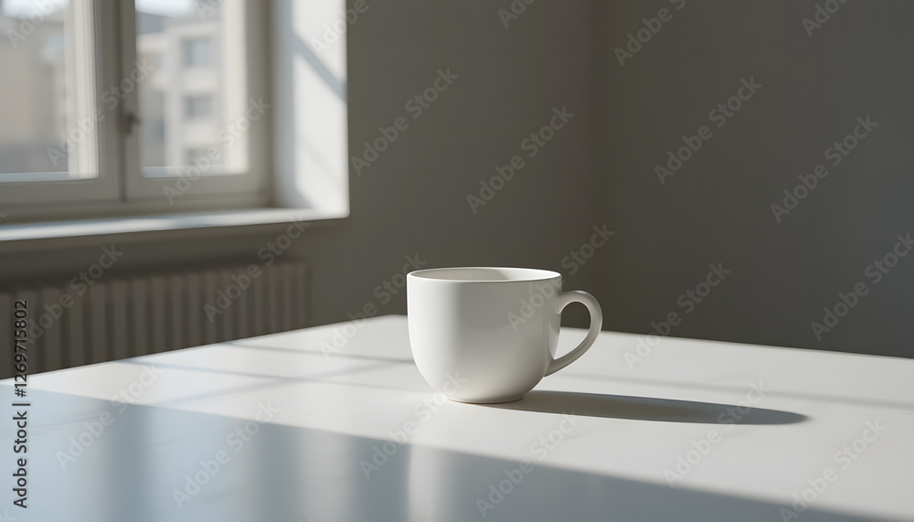 White Coffee Cup On White Table With Sunlight White Coffee Cup On White Table With Sunlight