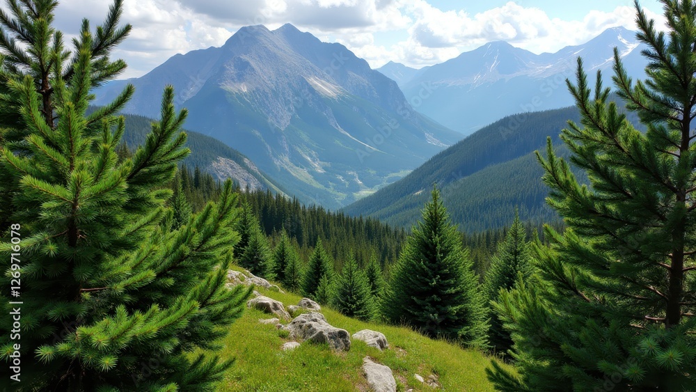 Obraz premium Winter tree pruning, Mountain range evergreens pruned branches categorized photorealistic.