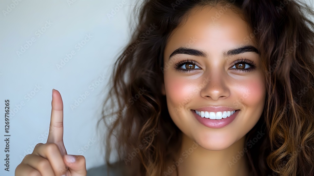 Young Hispanic woman with wavy brown hair and bright smile pointing finger up against light background, expressing positive emotion and confidence. Young Hispanic woman with wavy brown hair and bright smile pointing finger up against light background, expressing positive emotion and confidence.