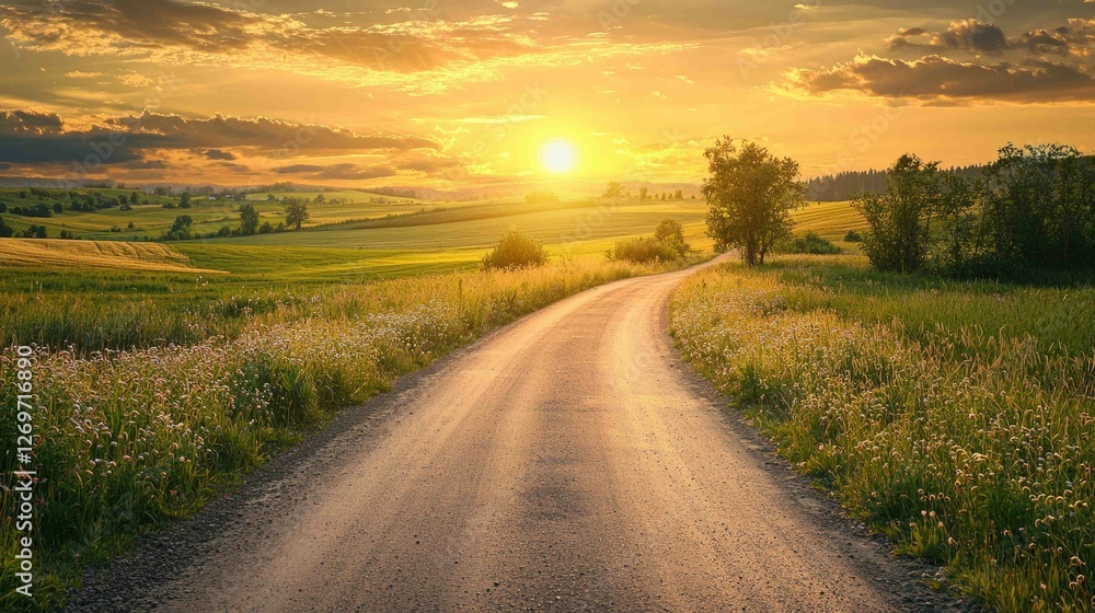 Sunset Over Rustic Country Road with Asphalt and Green Fields Sunset Over Rustic Country Road with Asphalt and Green Fields