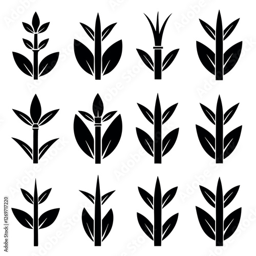  black and white, stylized icons depicting bamboo and cane stalks with various leaf arrangements