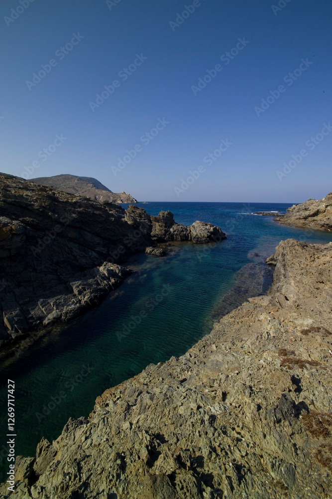 Fototapeta premium coast of the mediterranean sea, Shale cliffs at Narrows. Asinara National Park. Sassari. Sardinia. Italy. Asinara National Park