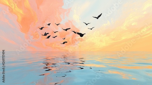 A serene sunset over calm waters with birds flying across the colorful sky.