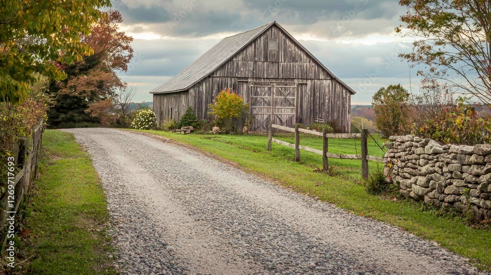 Rustic Gravel Driveway Leading to an Old Barn in Serene Landscape Rustic Gravel Driveway Leading to an Old Barn in Serene Landscape