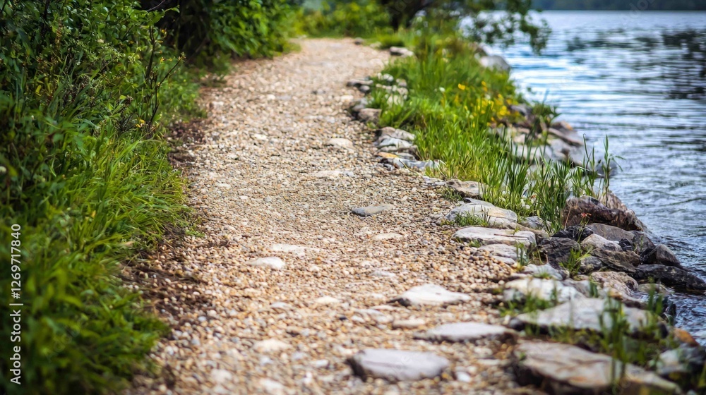 Scenic Rustic Gravel Trail by Riverbank Surrounded by Nature Scenic Rustic Gravel Trail by Riverbank Surrounded by Nature