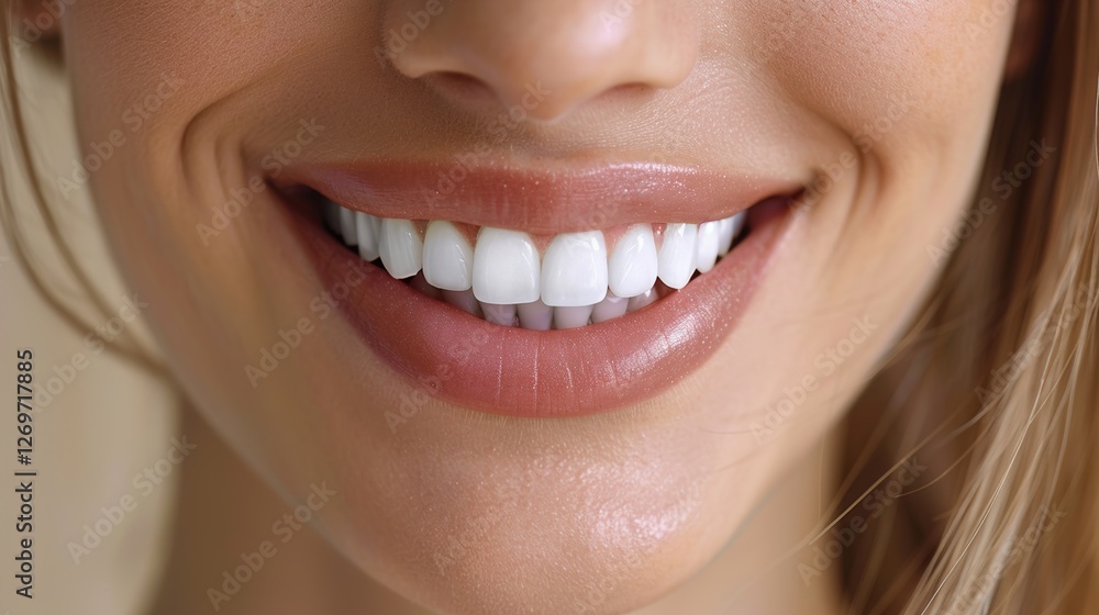 Obraz premium Close-up of a young Caucasian woman smiling, showing perfect teeth and healthy lips, radiating confidence and warmth.
