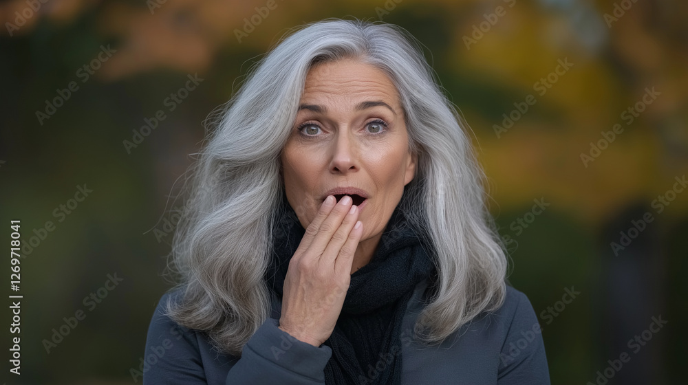 A woman with long gray hair is looking surprised A woman with long gray hair is looking surprised