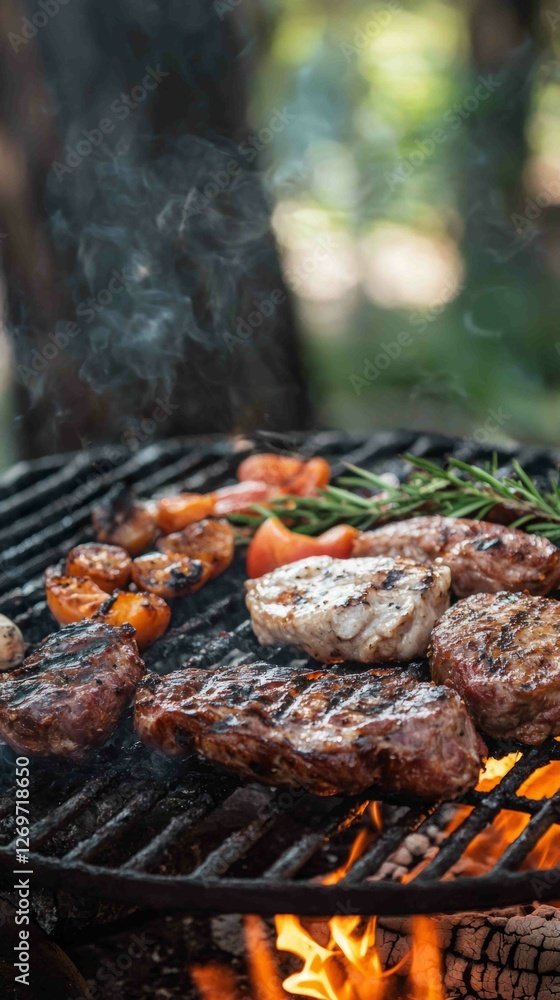 Rustic Outdoor Barbecue Scene with Grilled Meat and Fresh Vegetables Rustic Outdoor Barbecue Scene with Grilled Meat and Fresh Vegetables